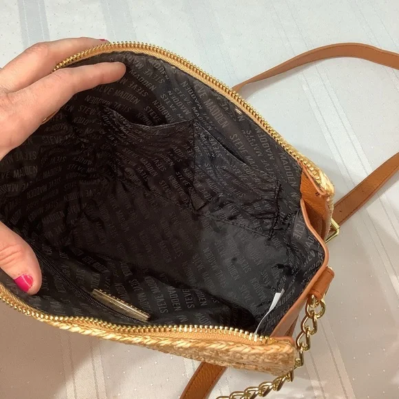 Steve Madden Crossbody Bag Straw Purse Natural Lexi Seasonal Brown Tan Gold - Picture 10 of 13